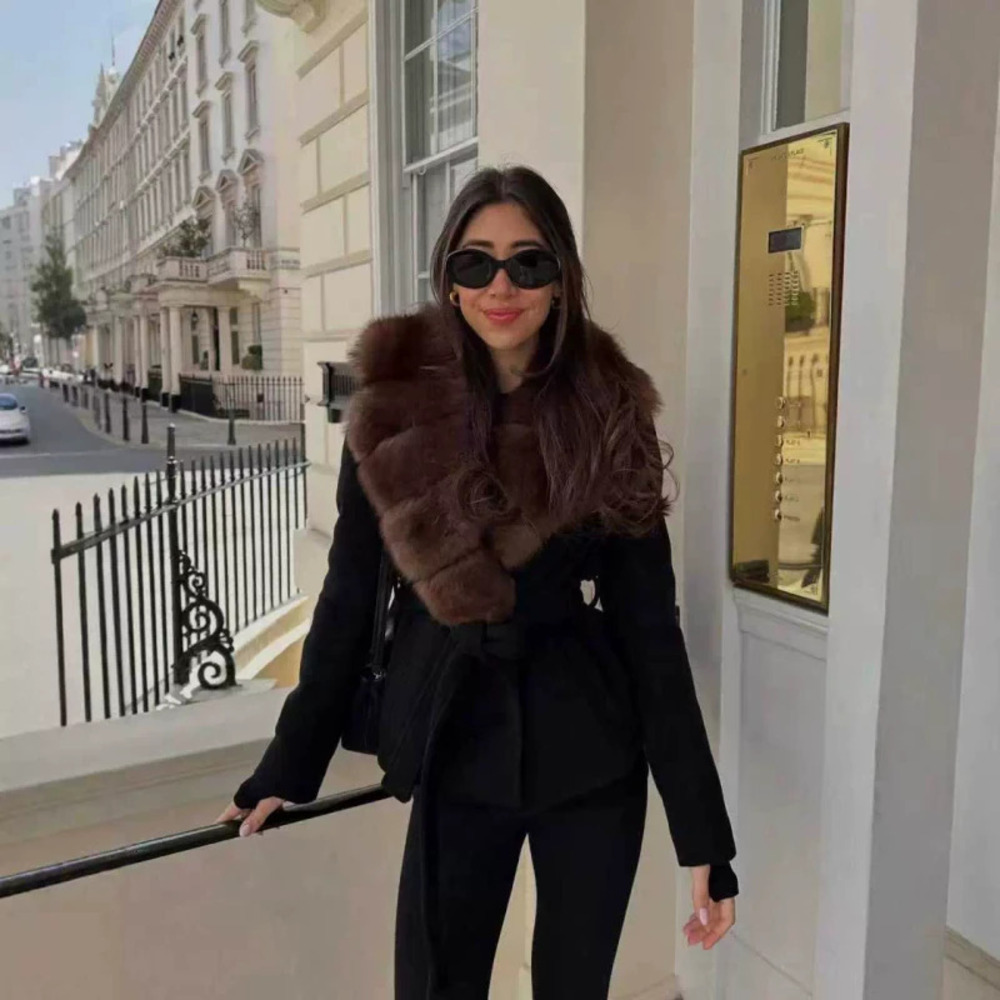 ZARA Womens Fall Winter Wool Faux Fur Notch Collar Coat